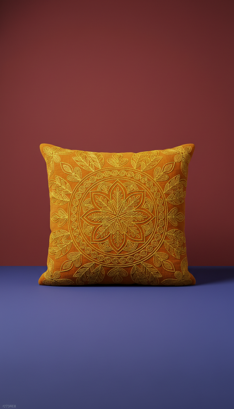 Embroidered Saffron Cushion with Gold Motif