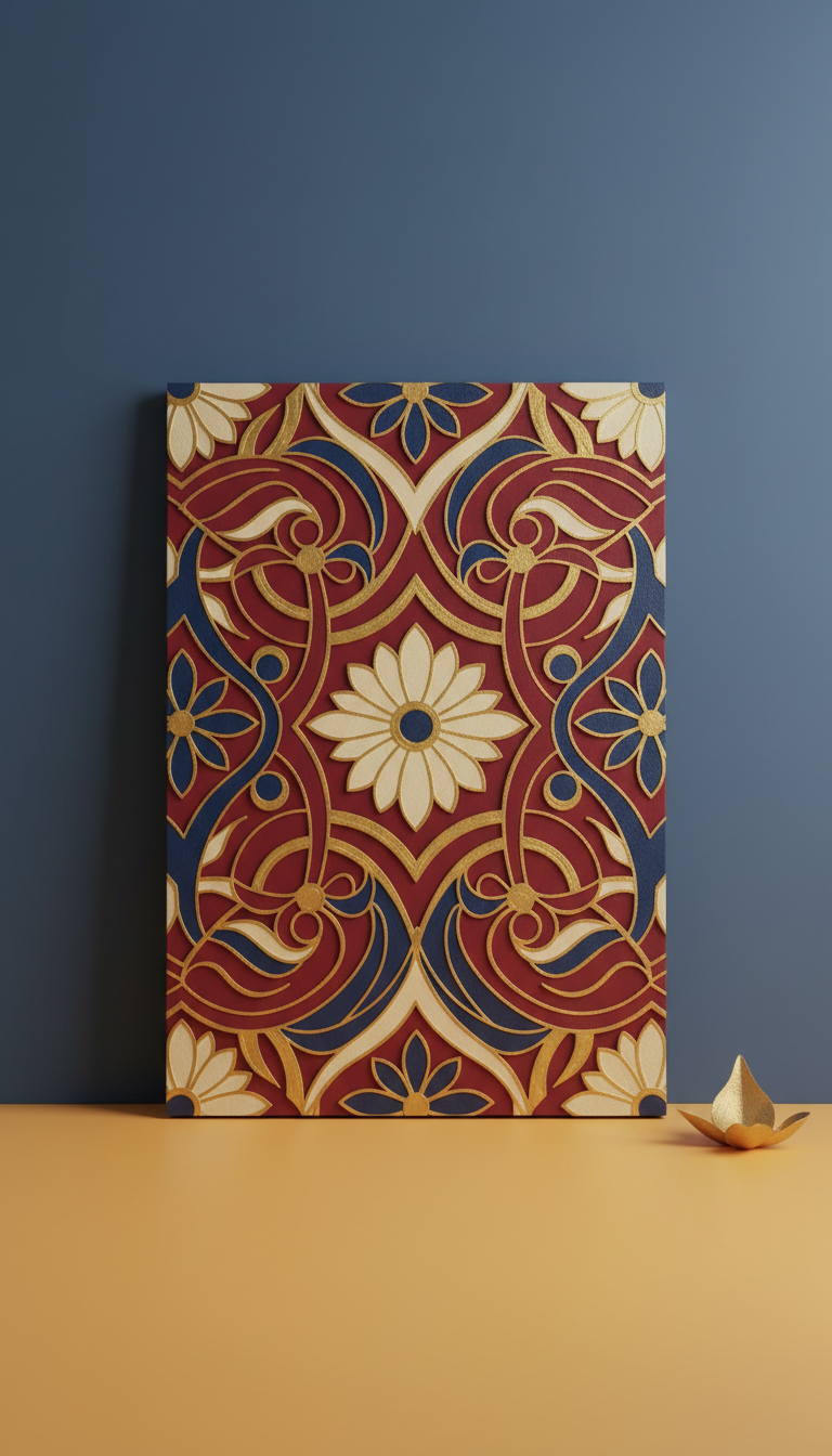 Maroon and Gold Wall Art Panel with Contemporary Indian Motif