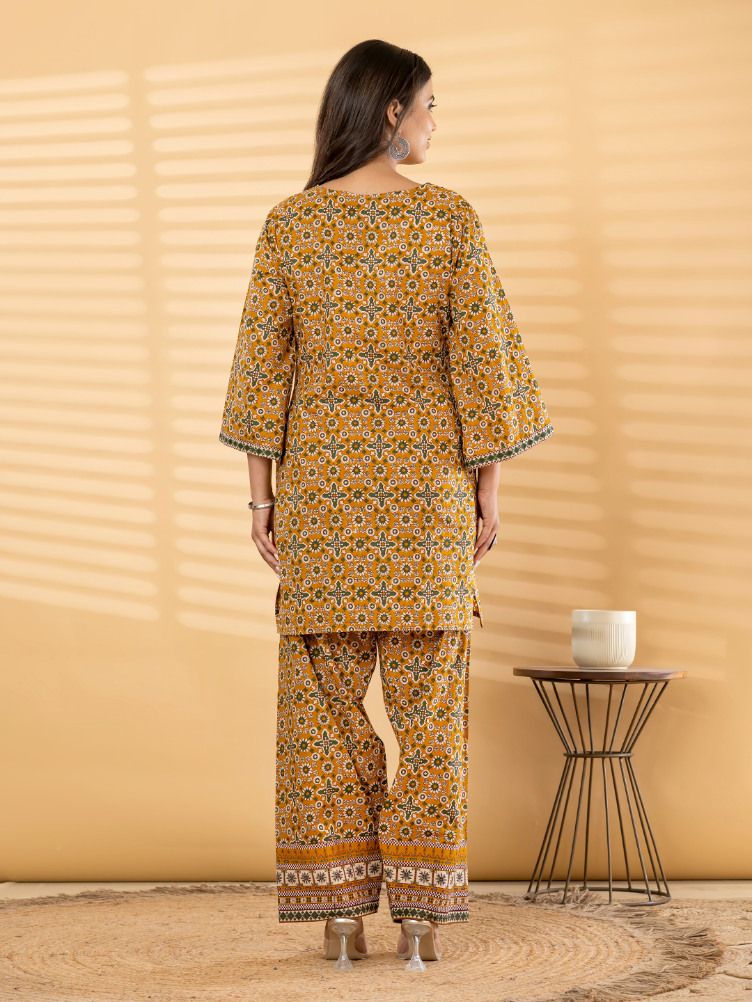 Mustard & Green Ethnic Printed Tunic Set with Mirror/Embroidery Accent Panel