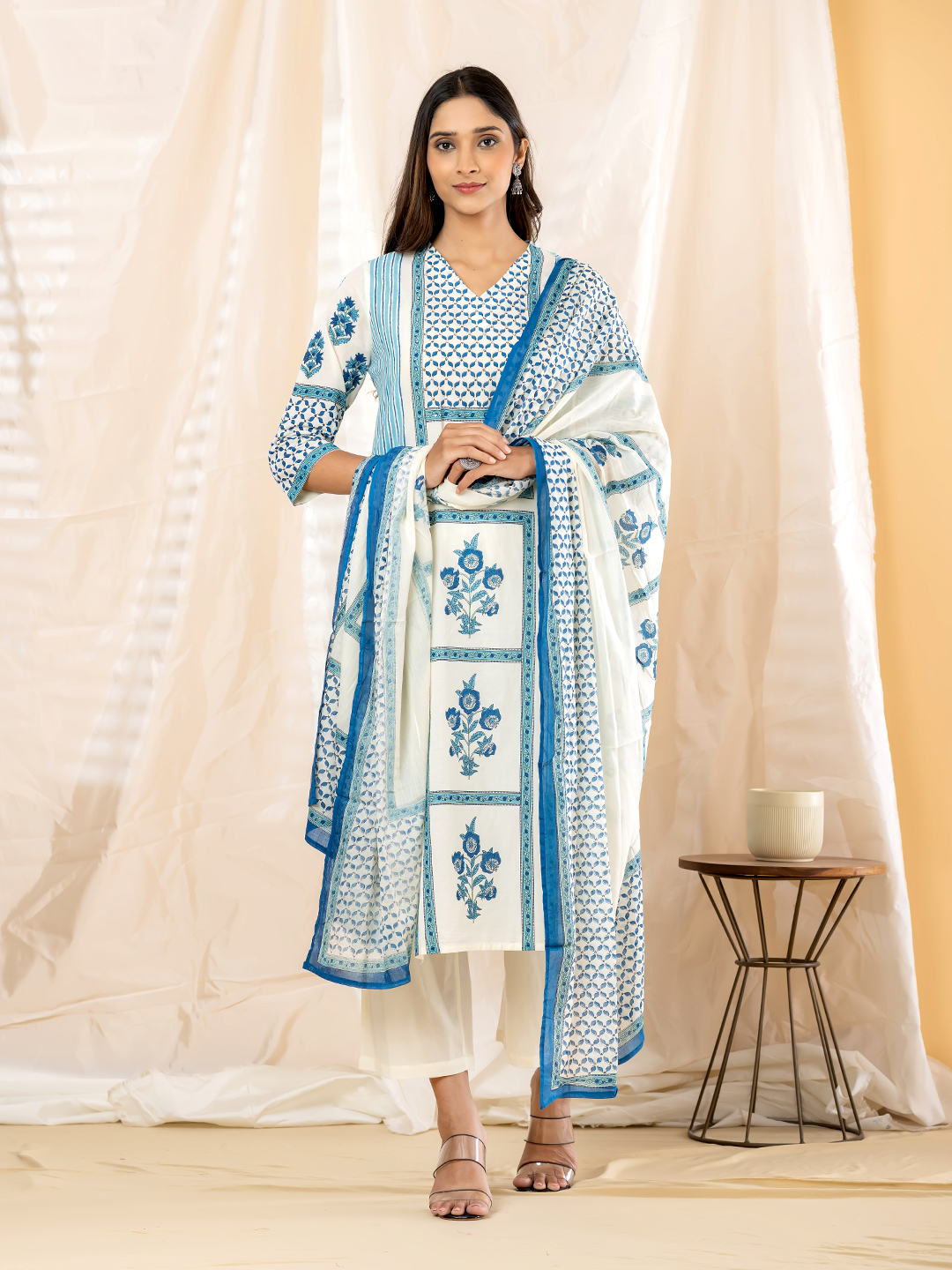 Women's White & Blue Panel Printed Straight Kurti, Trouser & Dupatta Set