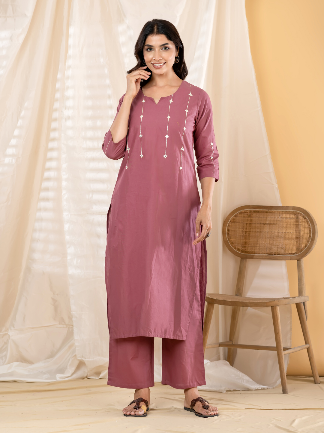 Dusty Rose Pink Cotton Kurta Set with Mirror-Work Look Embroidery & Trousers