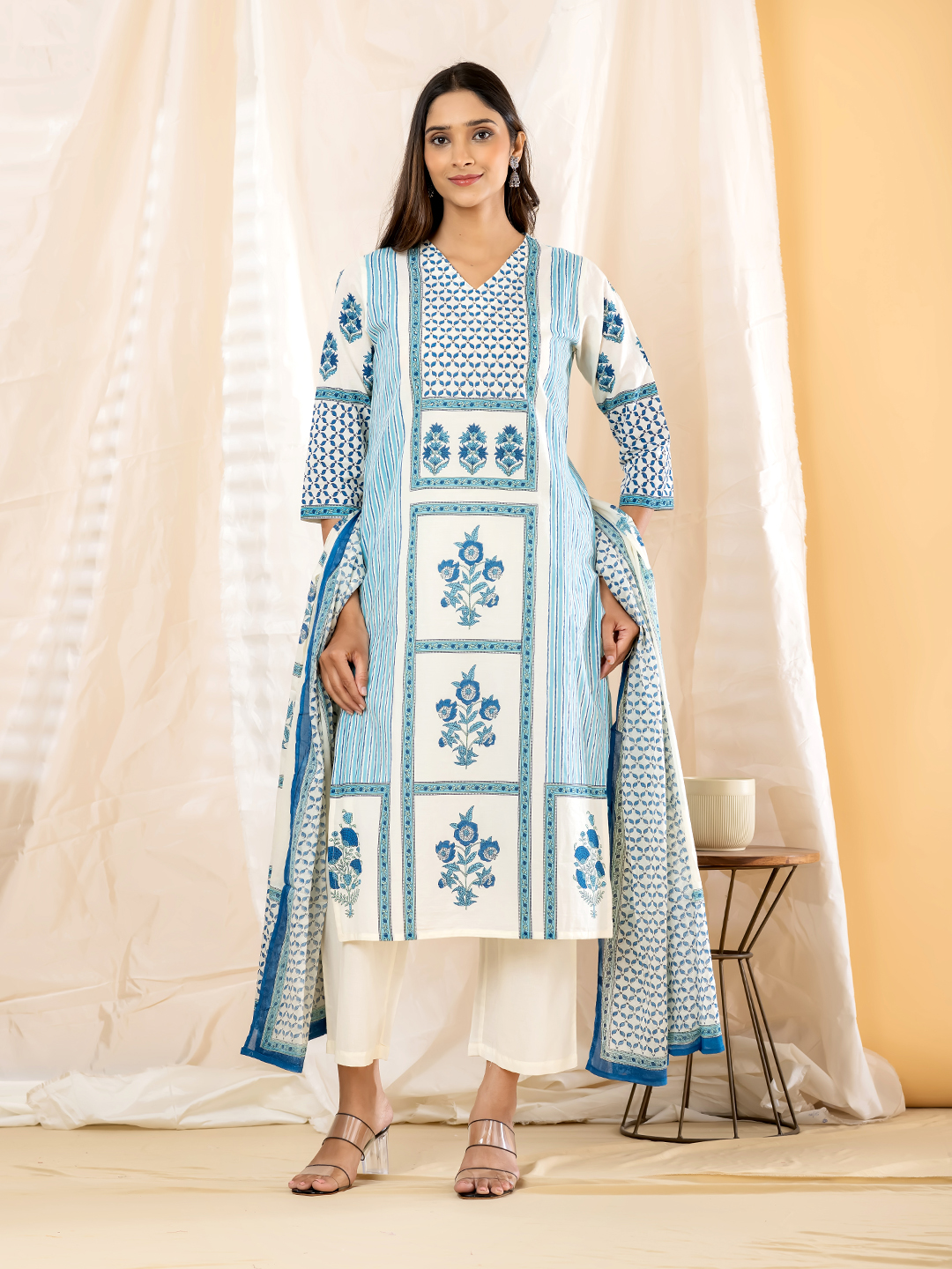 Women's White & Blue Panel Printed Straight Kurti, Trouser & Dupatta Set