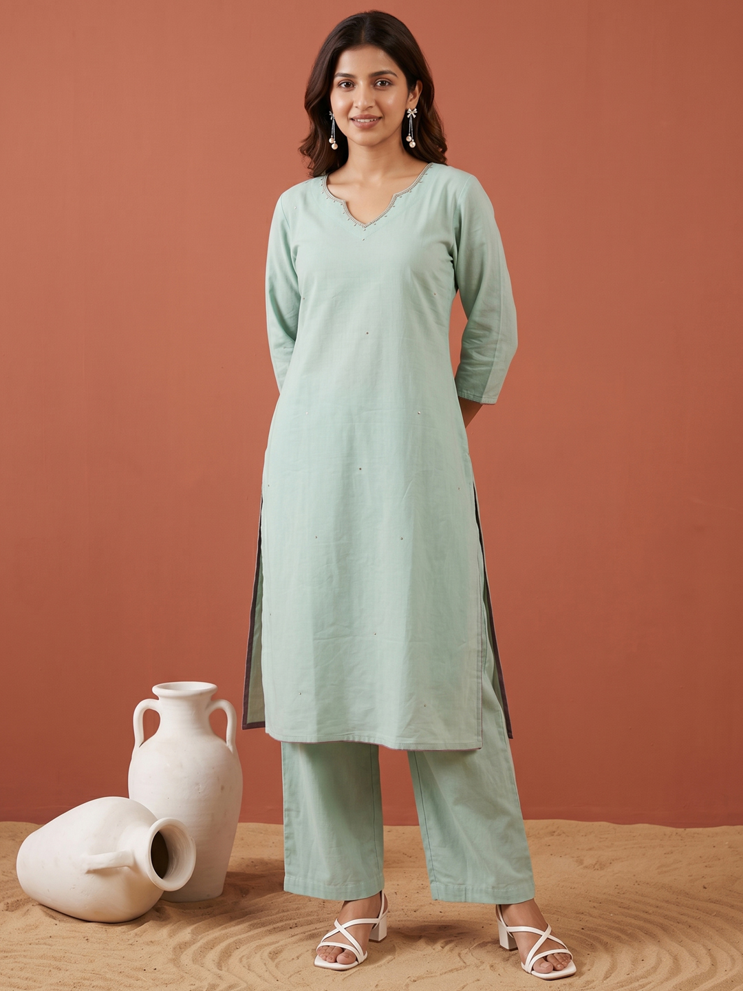 Pastel Sea Green Scalloped Neckline Kurti with Pleated Palazzo Pants