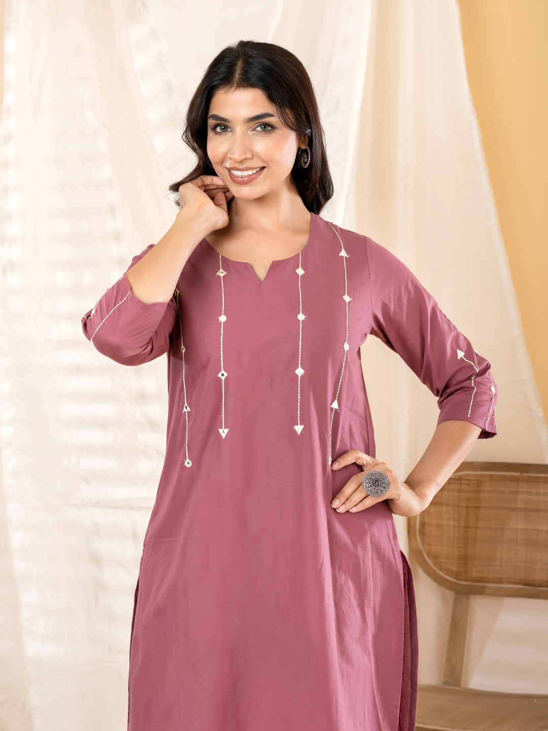 Dusty Rose Pink Cotton Kurta Set with Mirror-Work Look Embroidery & Trousers