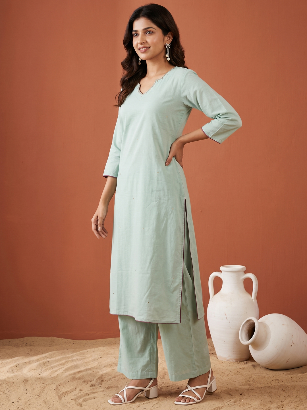 Pastel Sea Green Scalloped Neckline Kurti with Pleated Palazzo Pants