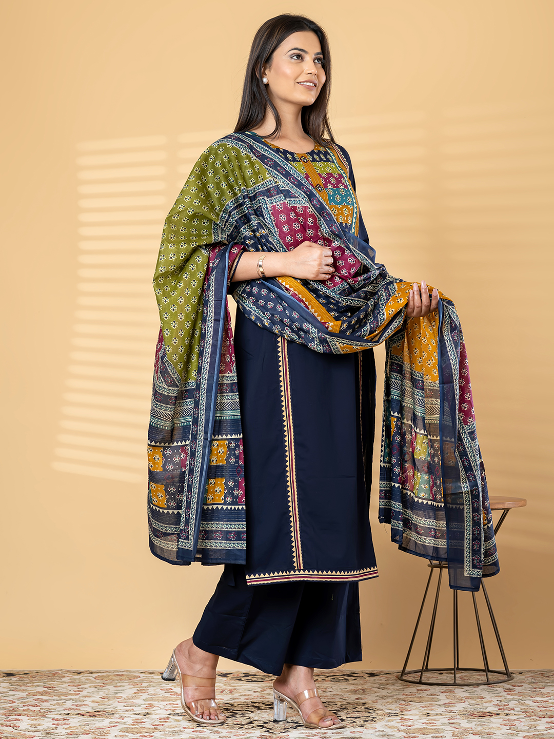 Women's Dark Blue Cotton Kurti, Palazzo & Patchwork Print Dupatta Set