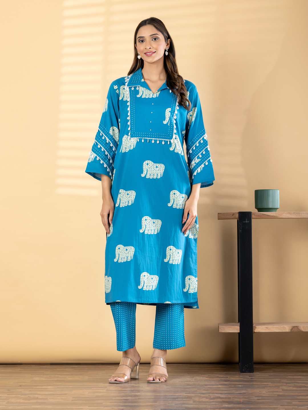 Women's Peacock Blue Block Print Cotton Kurti with Collar & Shell Trim