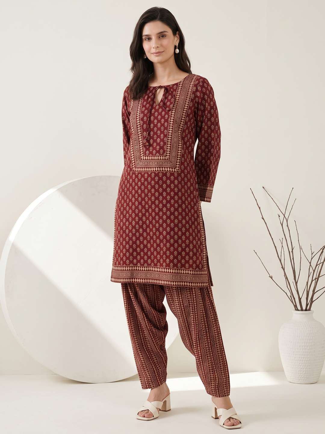 Women's Rustic Maroon Ethnic Block Print Keyhole Neck Kurti, Pleated Pants & Dupatta