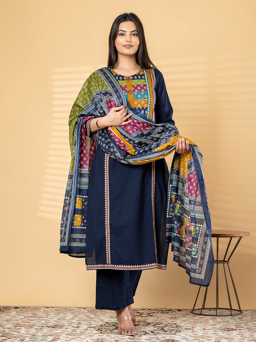 Women's Dark Blue Cotton Kurti, Palazzo & Patchwork Print Dupatta Set
