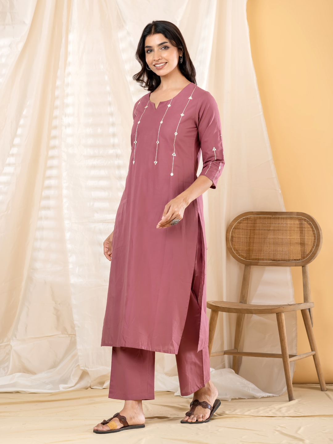 Dusty Rose Pink Cotton Kurta Set with Mirror-Work Look Embroidery & Trousers