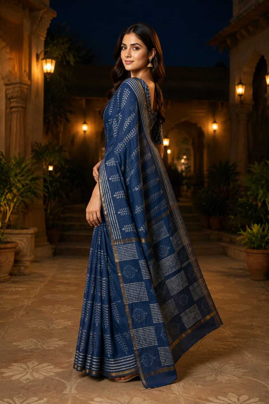 INDIGO BLUE BAGRU PRINTED ZARI BORDER COTTON SAREE
