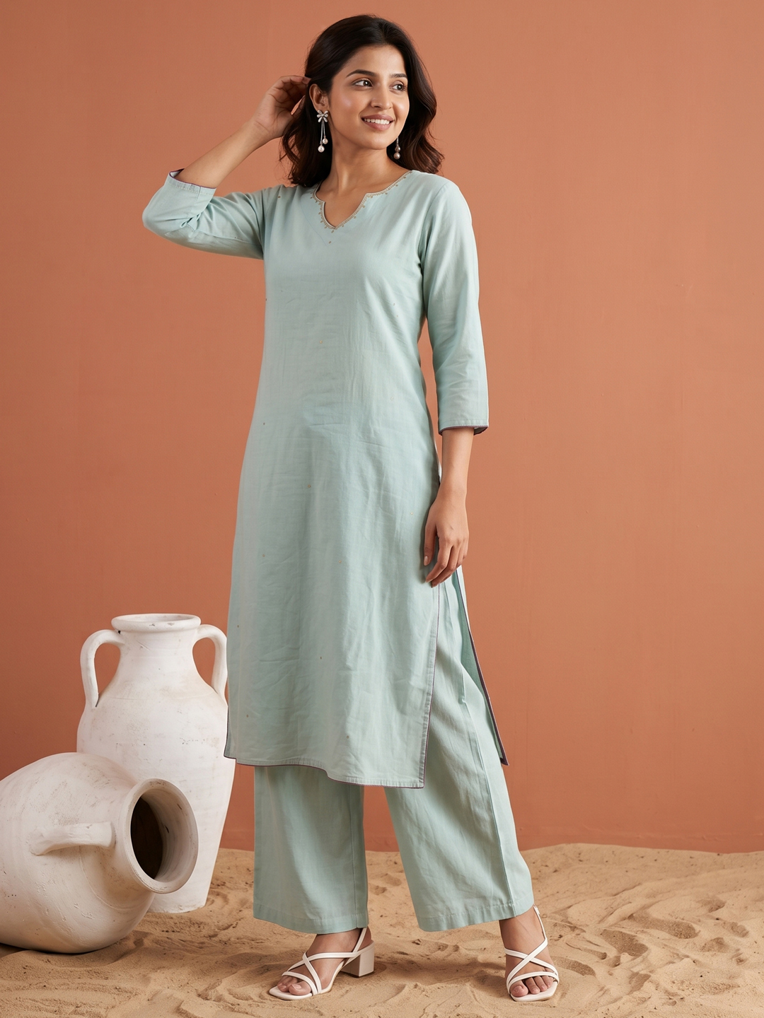 Pastel Sea Green Scalloped Neckline Kurti with Pleated Palazzo Pants