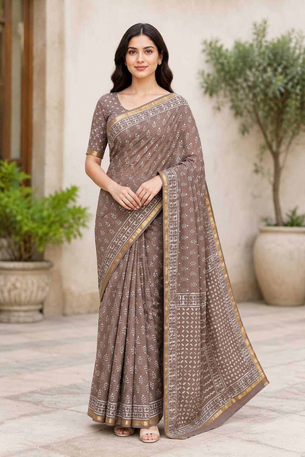 DUSTY BROWN BAGRU HAND PRINTED COTTON ZARI BORDER SAREE