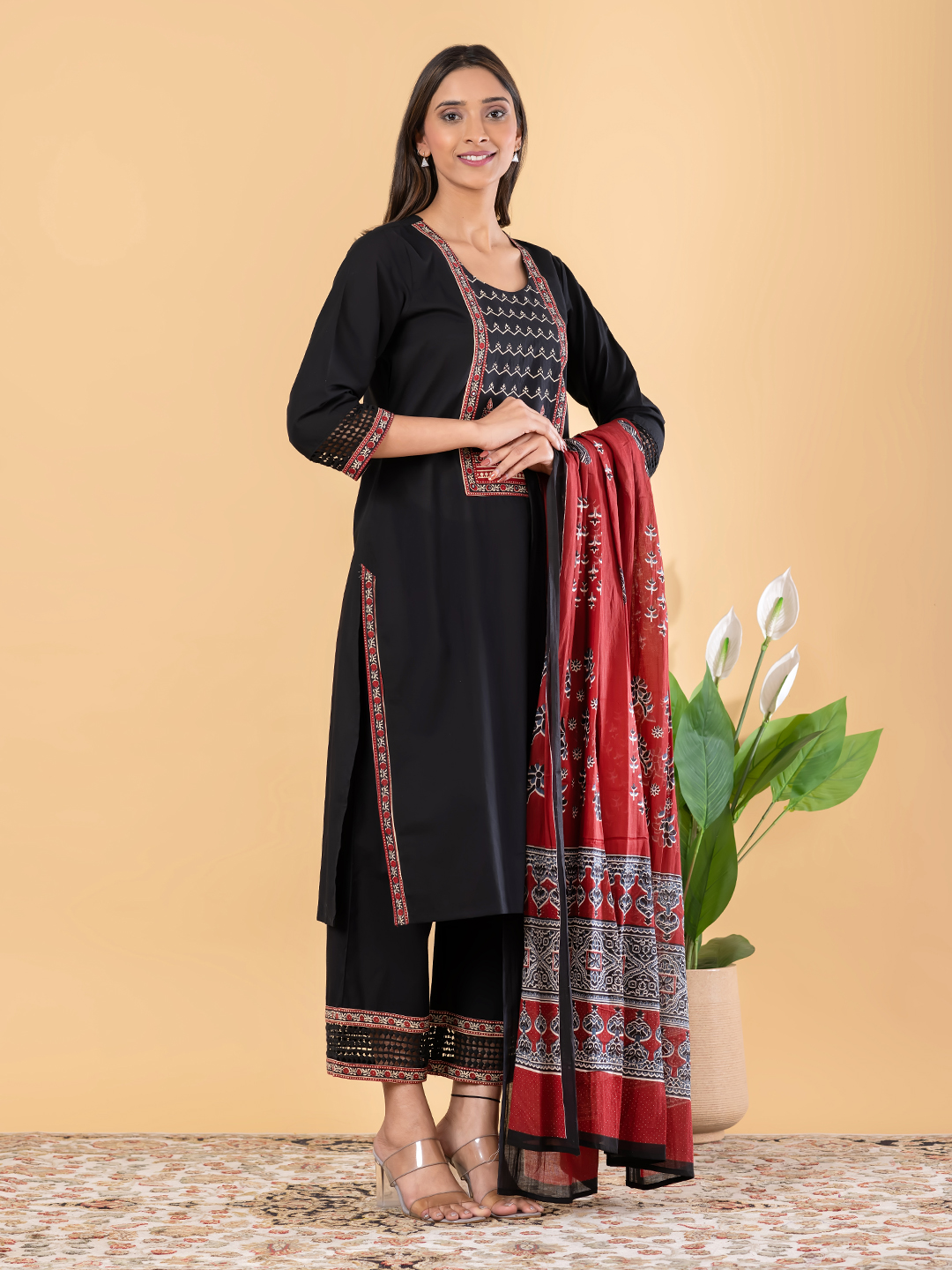 Black Ethnic Cotton Kurta Set with Lace-trimmed Trousers & Printed Dupatta
