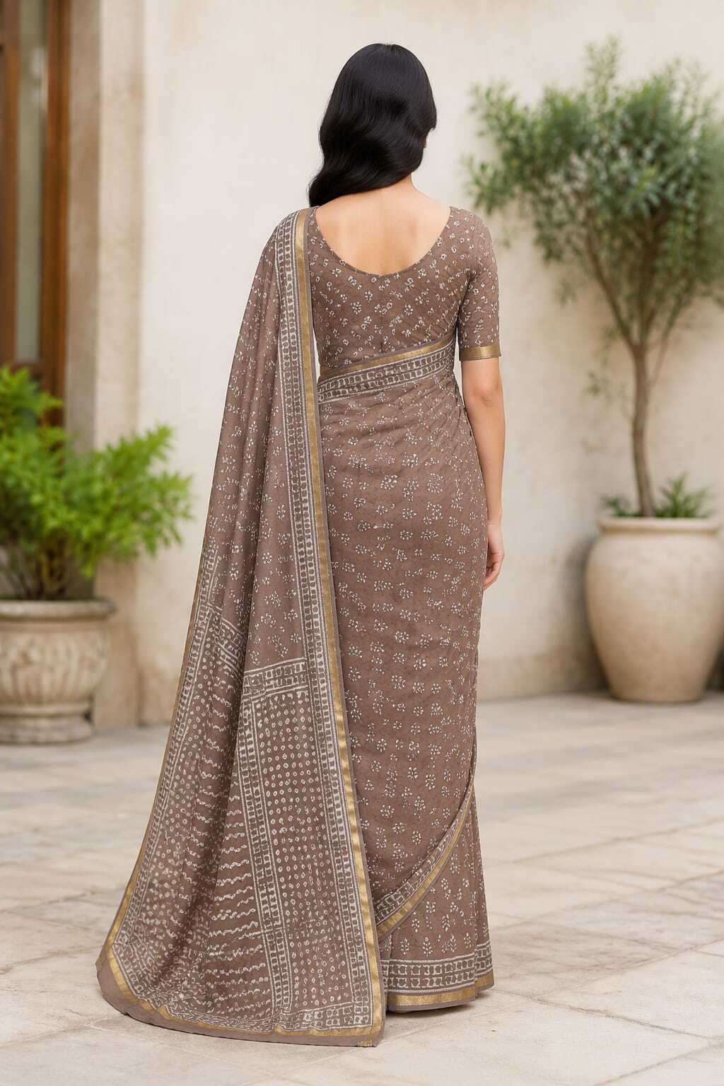 DUSTY BROWN BAGRU HAND PRINTED COTTON ZARI BORDER SAREE