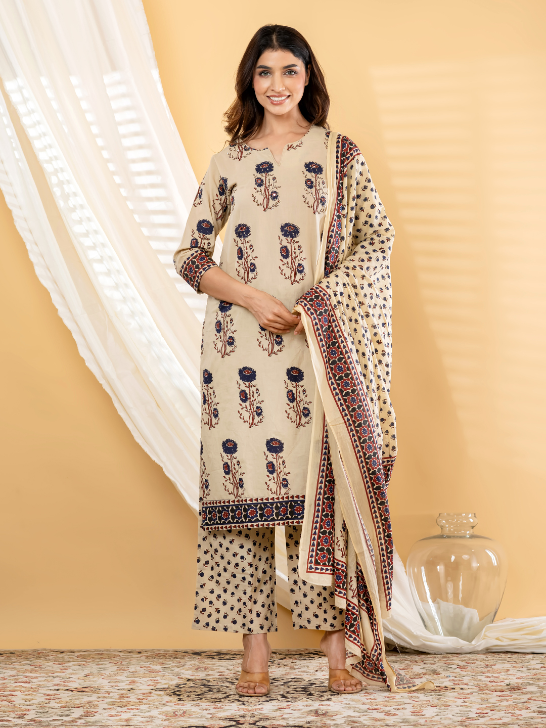 Beige Ethnic Floral Motif Cotton Suit Set with Printed Border Detailing