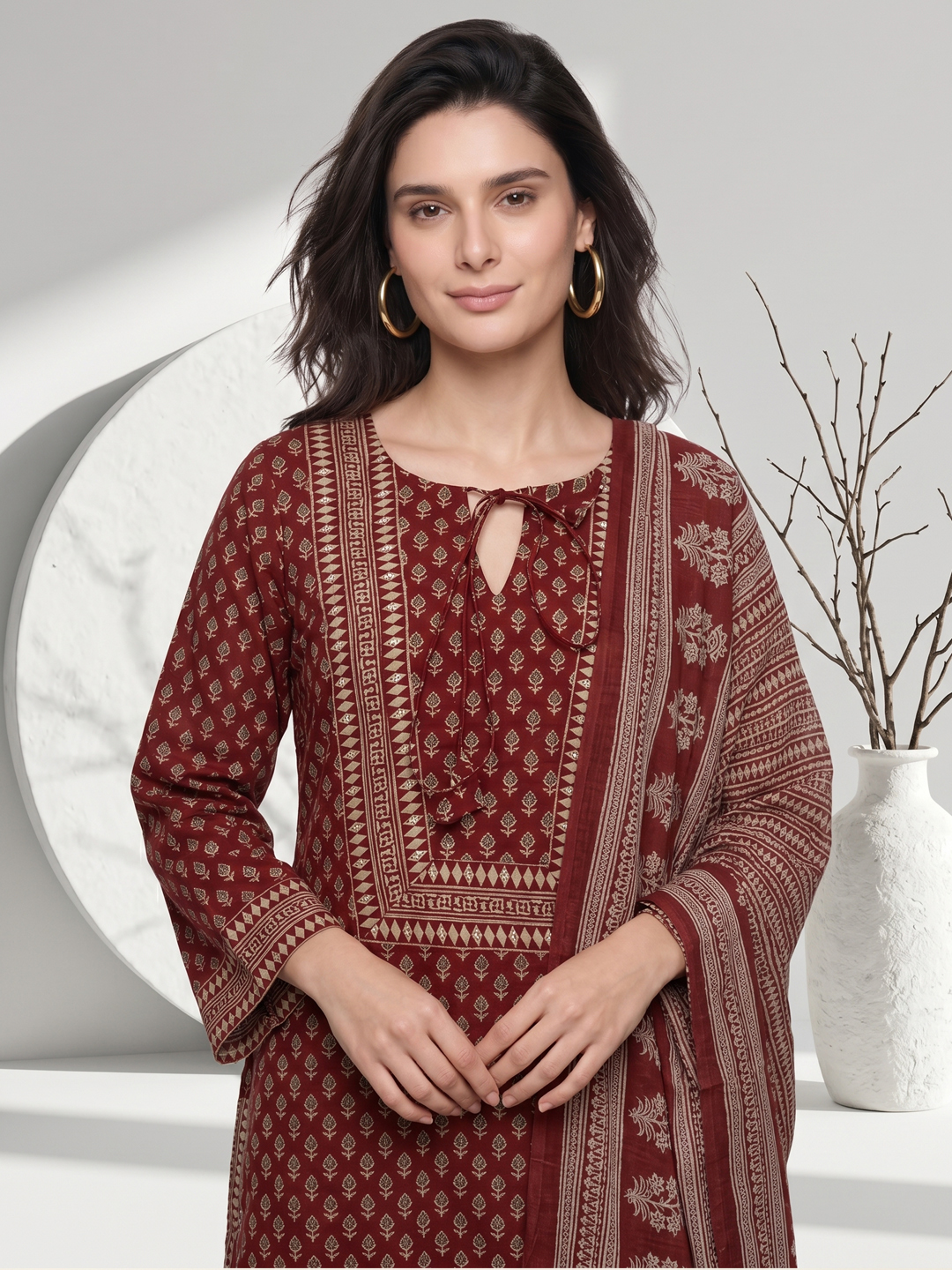 Women's Rustic Maroon Ethnic Block Print Keyhole Neck Kurti, Pleated Pants & Dupatta