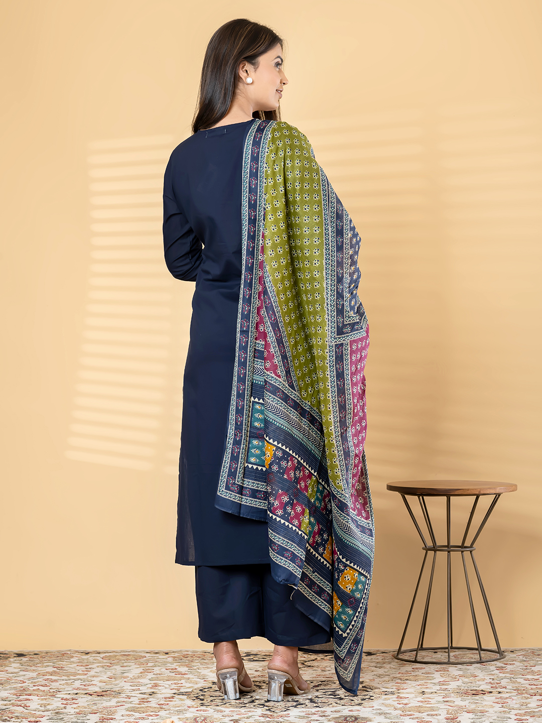 Women's Dark Blue Cotton Kurti, Palazzo & Patchwork Print Dupatta Set
