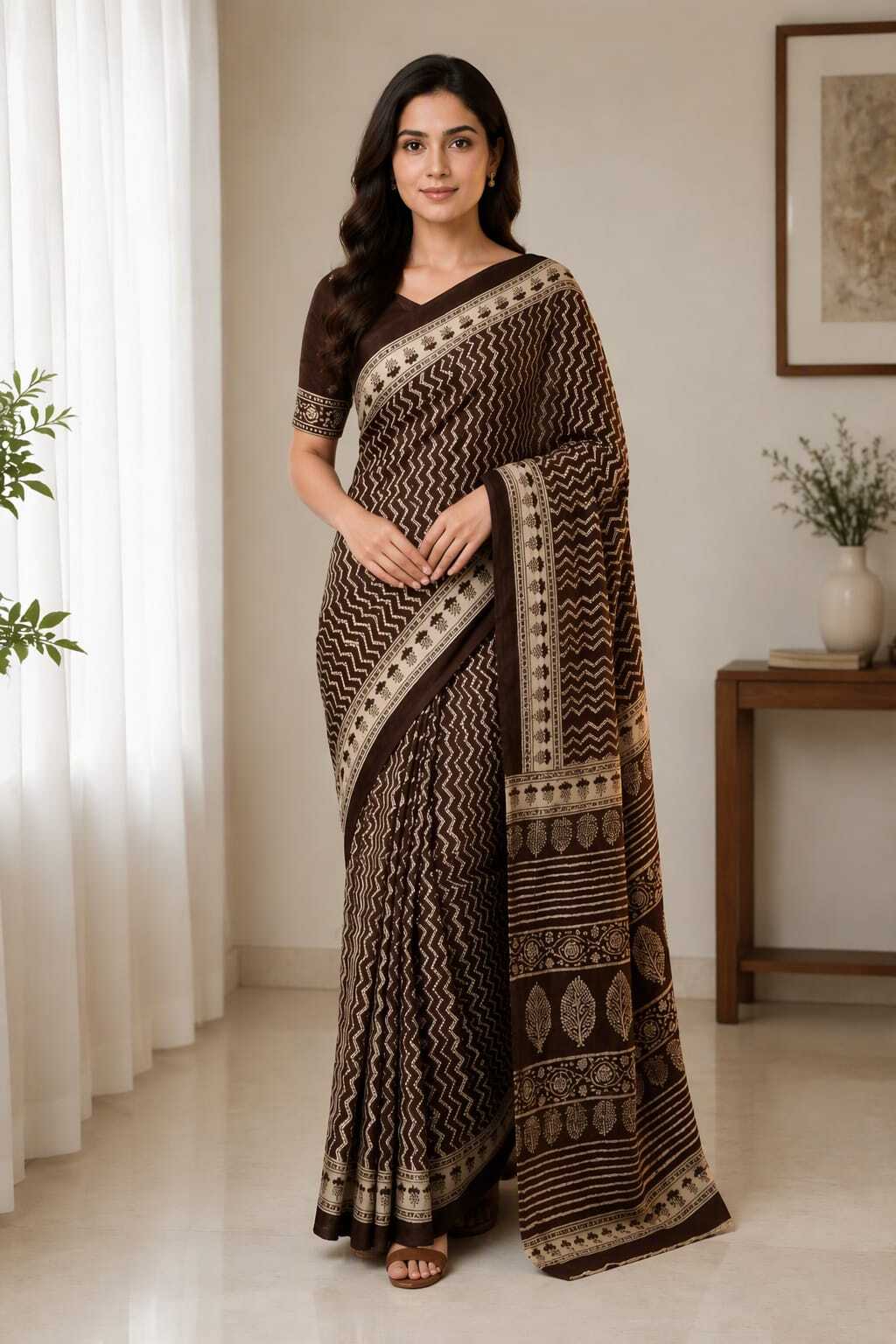 DARK BROWN BAGRU HAND PRINTED COTTON LINEN ZARI BORDER SAREE