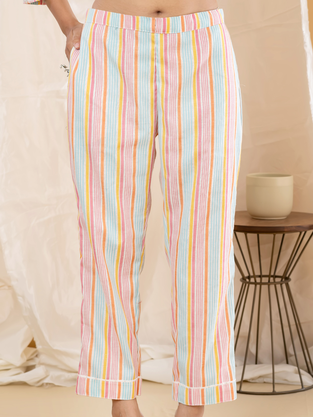 Minimalist Off-White Dobby Kurti with Multi-Color Pastel Striped Pant & Dupatta Set
