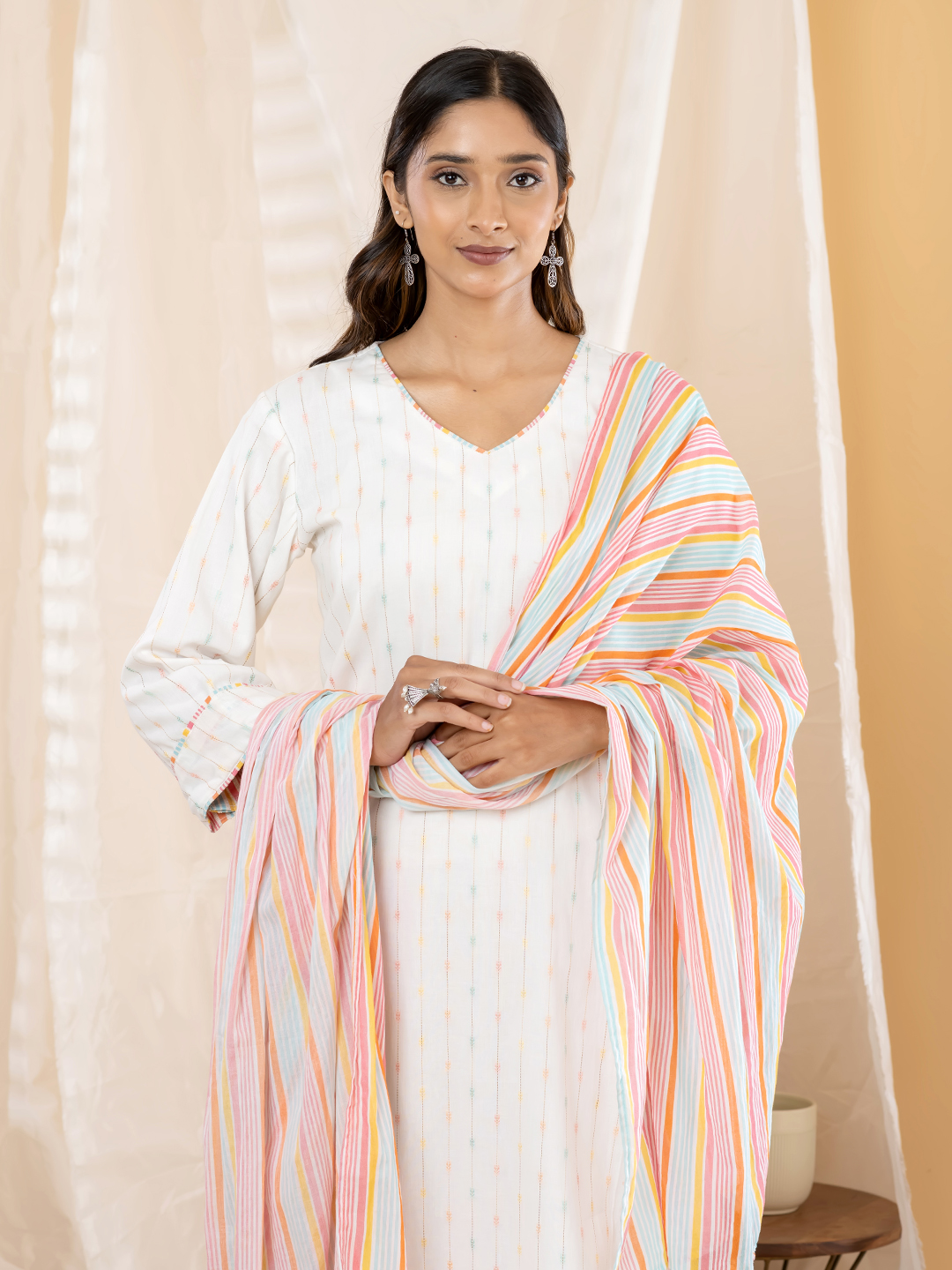Minimalist Off-White Dobby Kurti with Multi-Color Pastel Striped Pant & Dupatta Set