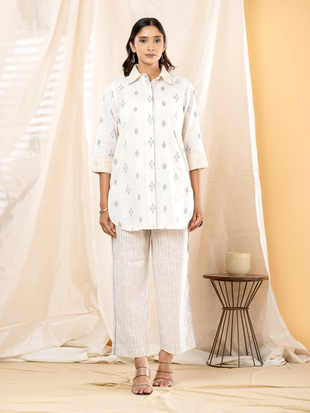 Women's Indo-Western Off-White Ikat Motif Collared Tunic with Wide-Leg Striped Trousers
