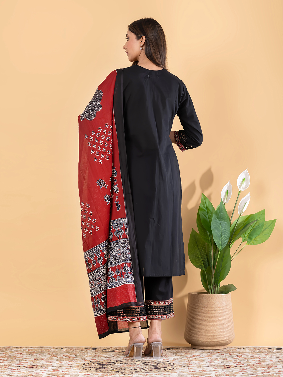 Black Ethnic Cotton Kurta Set with Lace-trimmed Trousers & Printed Dupatta
