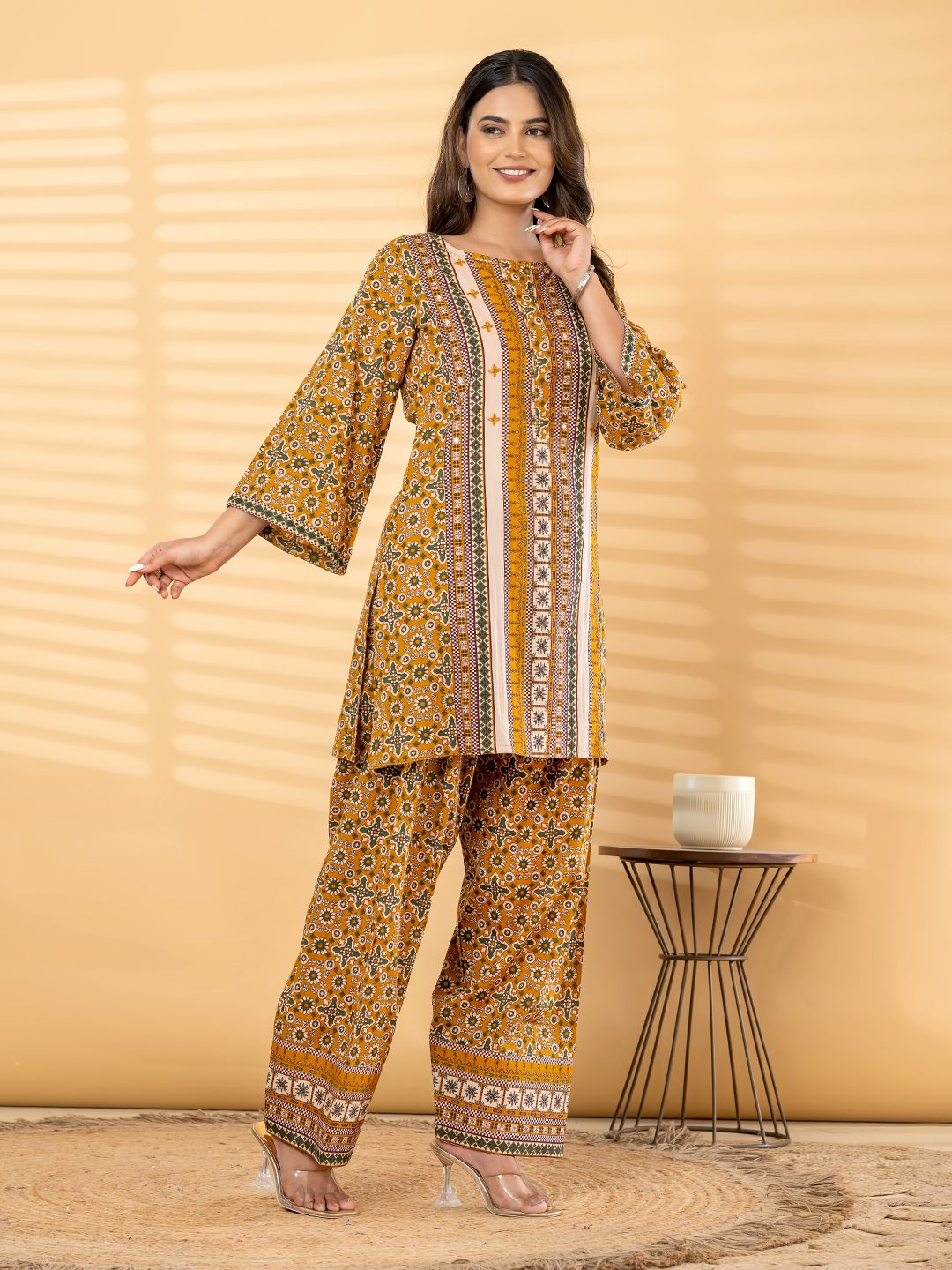 Mustard & Green Ethnic Printed Tunic Set with Mirror/Embroidery Accent Panel