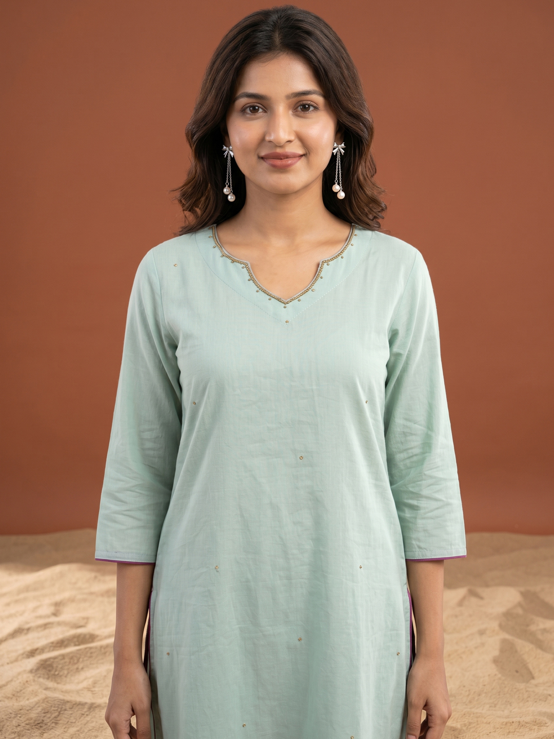 Pastel Sea Green Scalloped Neckline Kurti with Pleated Palazzo Pants