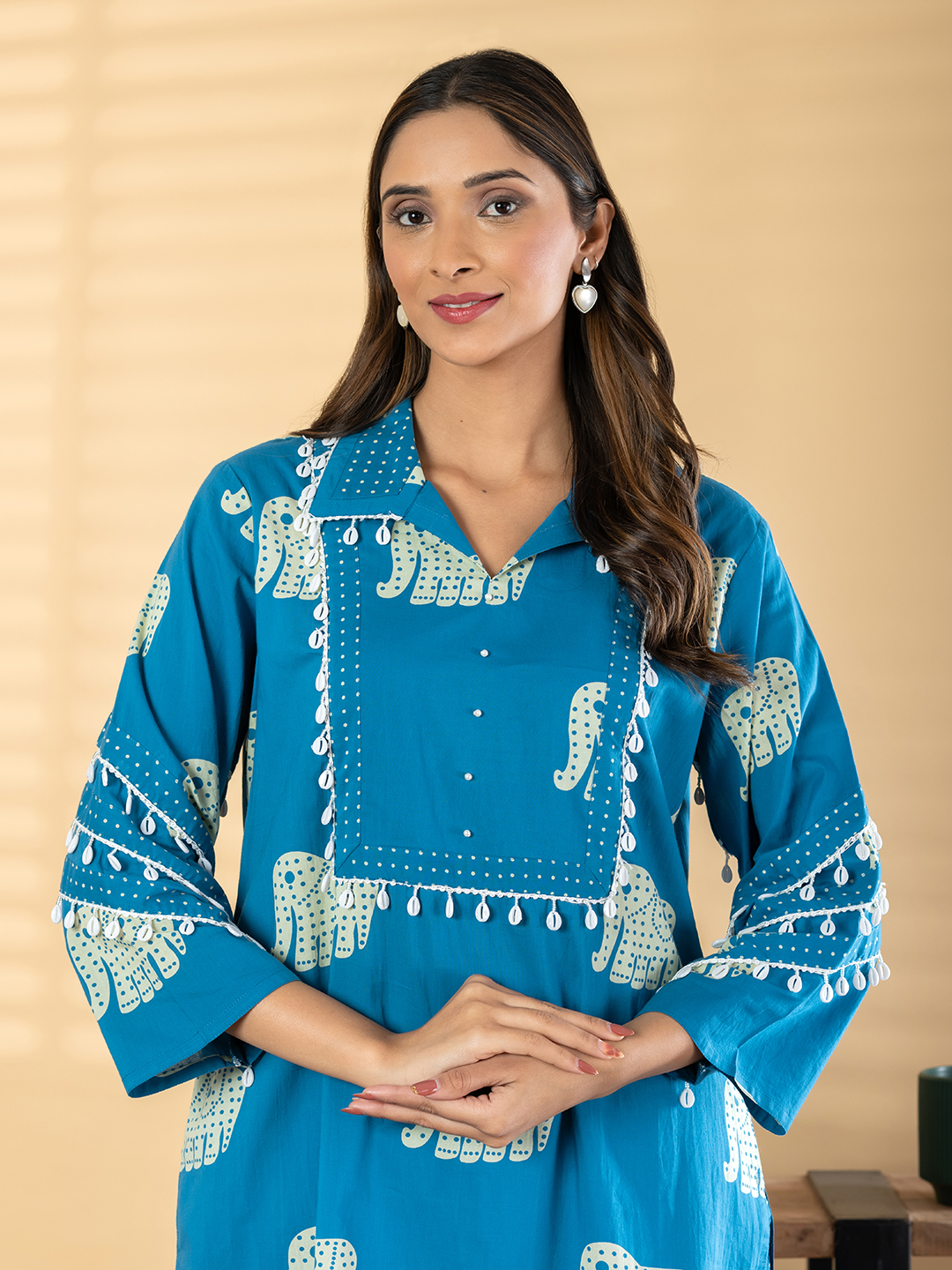 Women's Peacock Blue Block Print Cotton Kurti with Collar & Shell Trim