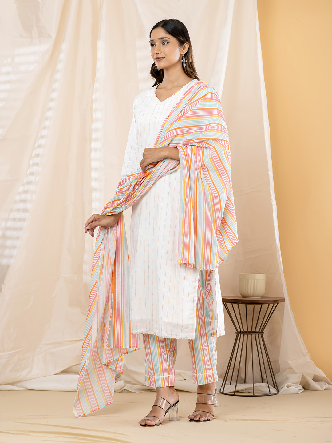 Minimalist Off-White Dobby Kurti with Multi-Color Pastel Striped Pant & Dupatta Set