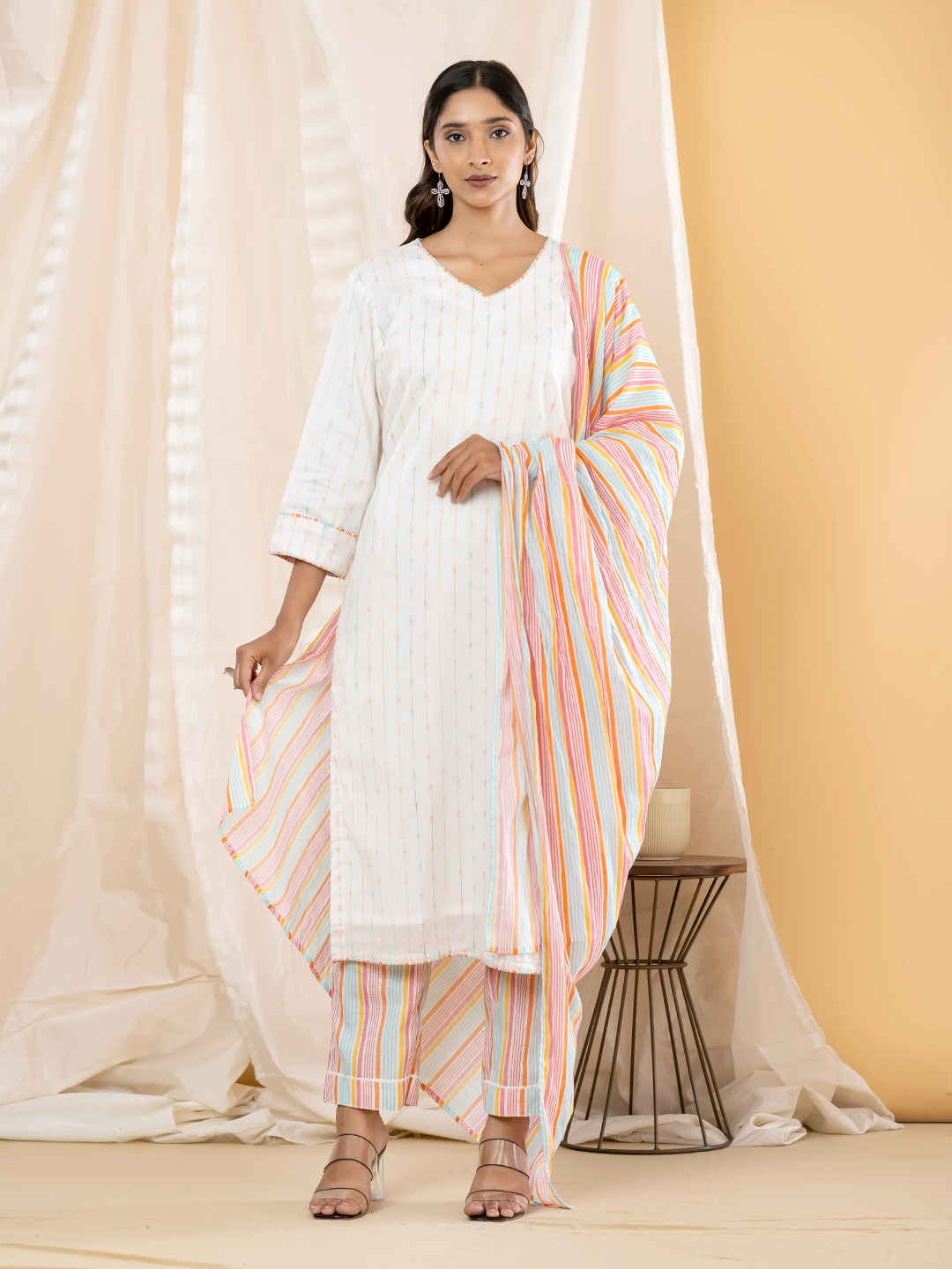 Minimalist Off-White Dobby Kurti with Multi-Color Pastel Striped Pant & Dupatta Set