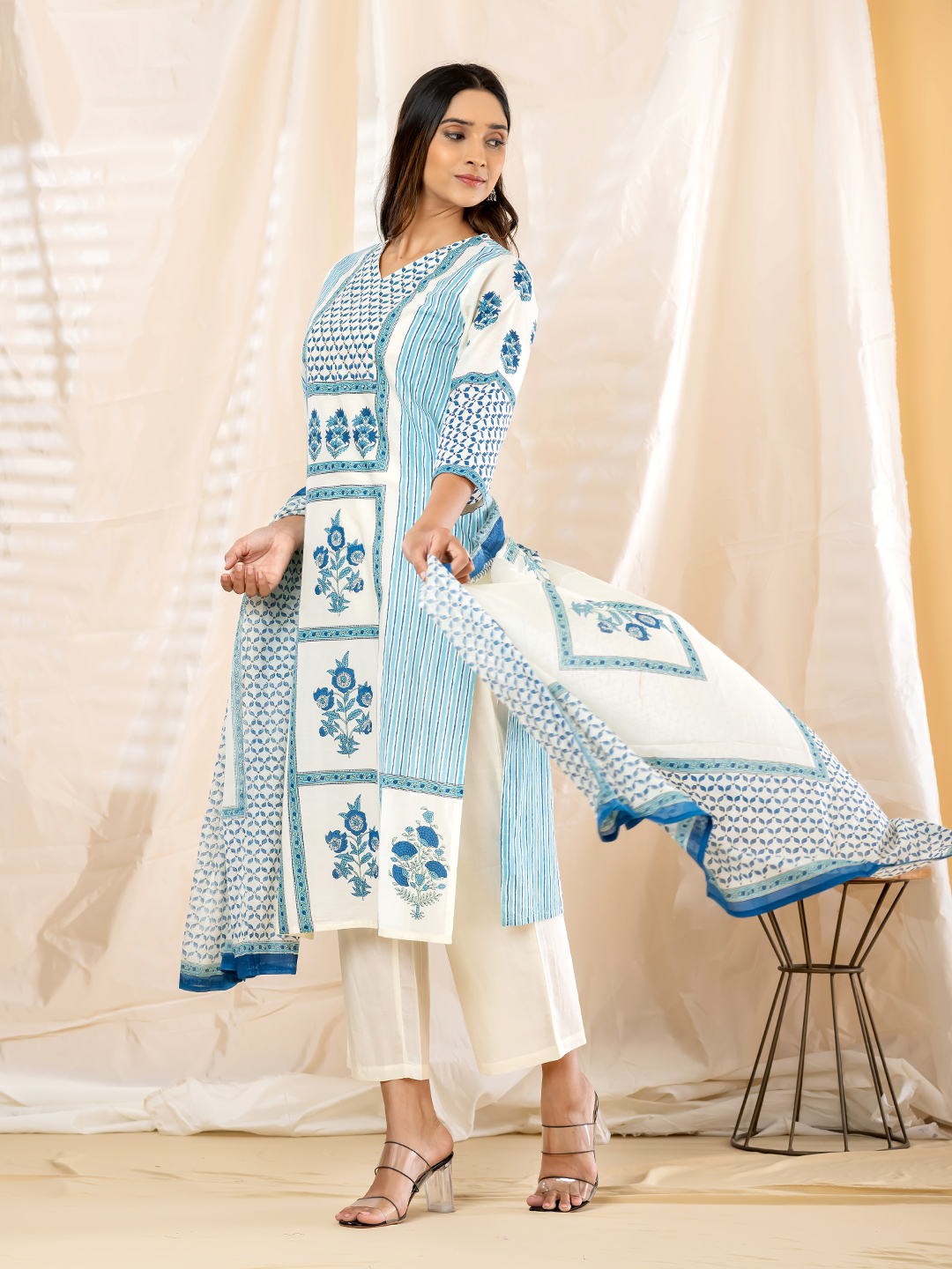 Women's White & Blue Panel Printed Straight Kurti, Trouser & Dupatta Set