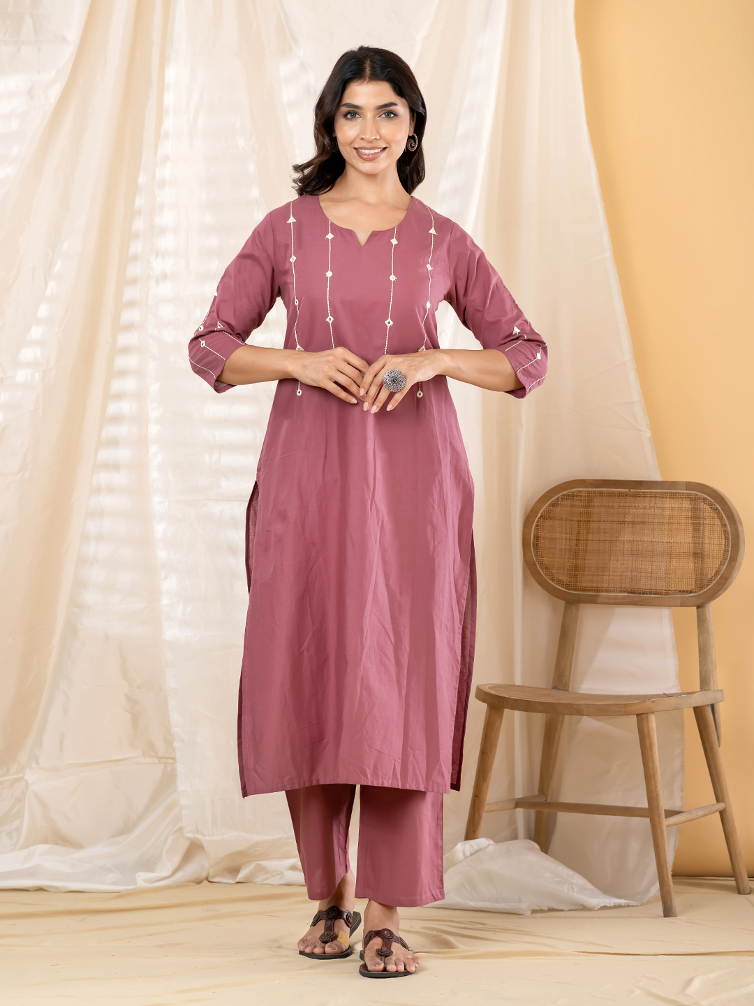 Dusty Rose Pink Cotton Kurta Set with Mirror-Work Look Embroidery & Trousers