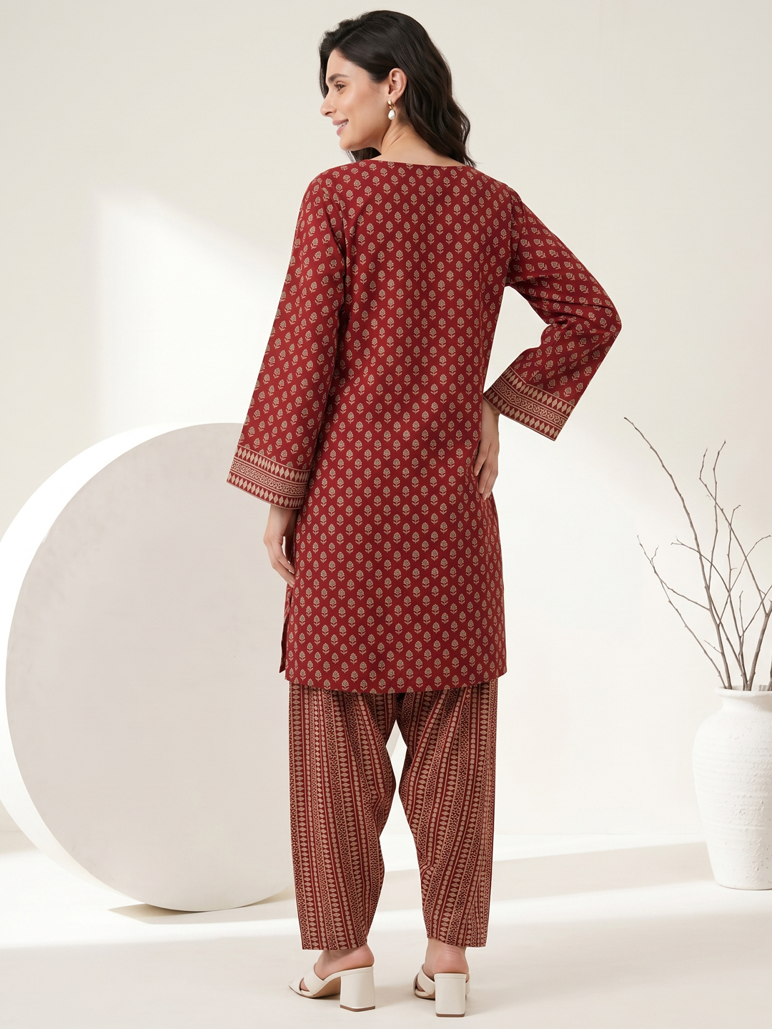Women's Rustic Maroon Ethnic Block Print Keyhole Neck Kurti, Pleated Pants & Dupatta
