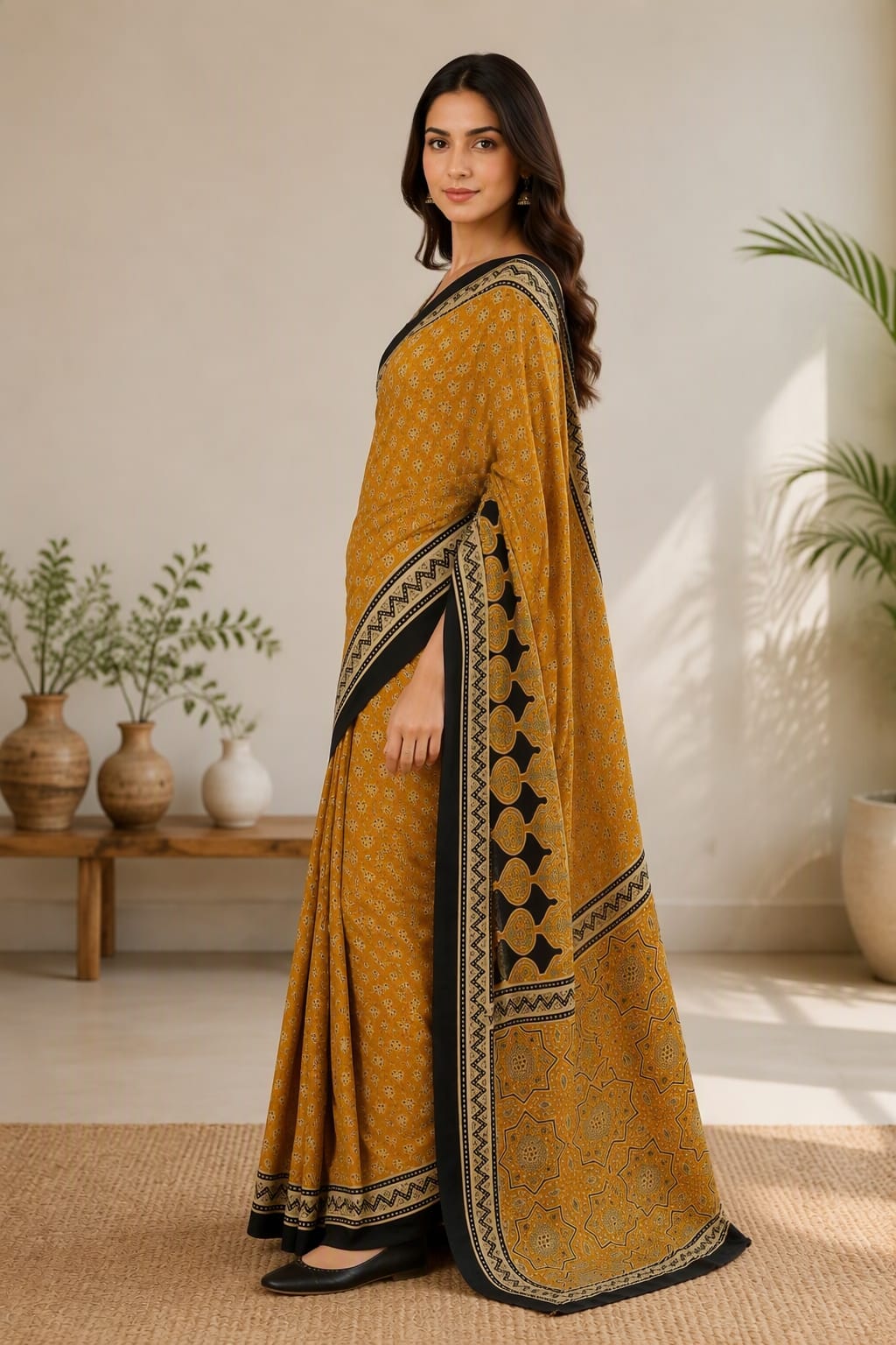 YELLOW BAGRU PRINTED ZARI BORDER COTTON SAREE
