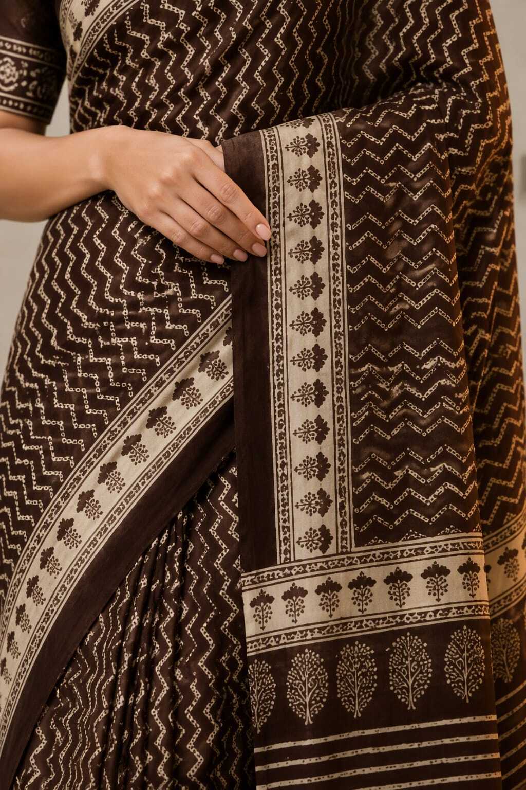 DARK BROWN BAGRU HAND PRINTED COTTON LINEN ZARI BORDER SAREE