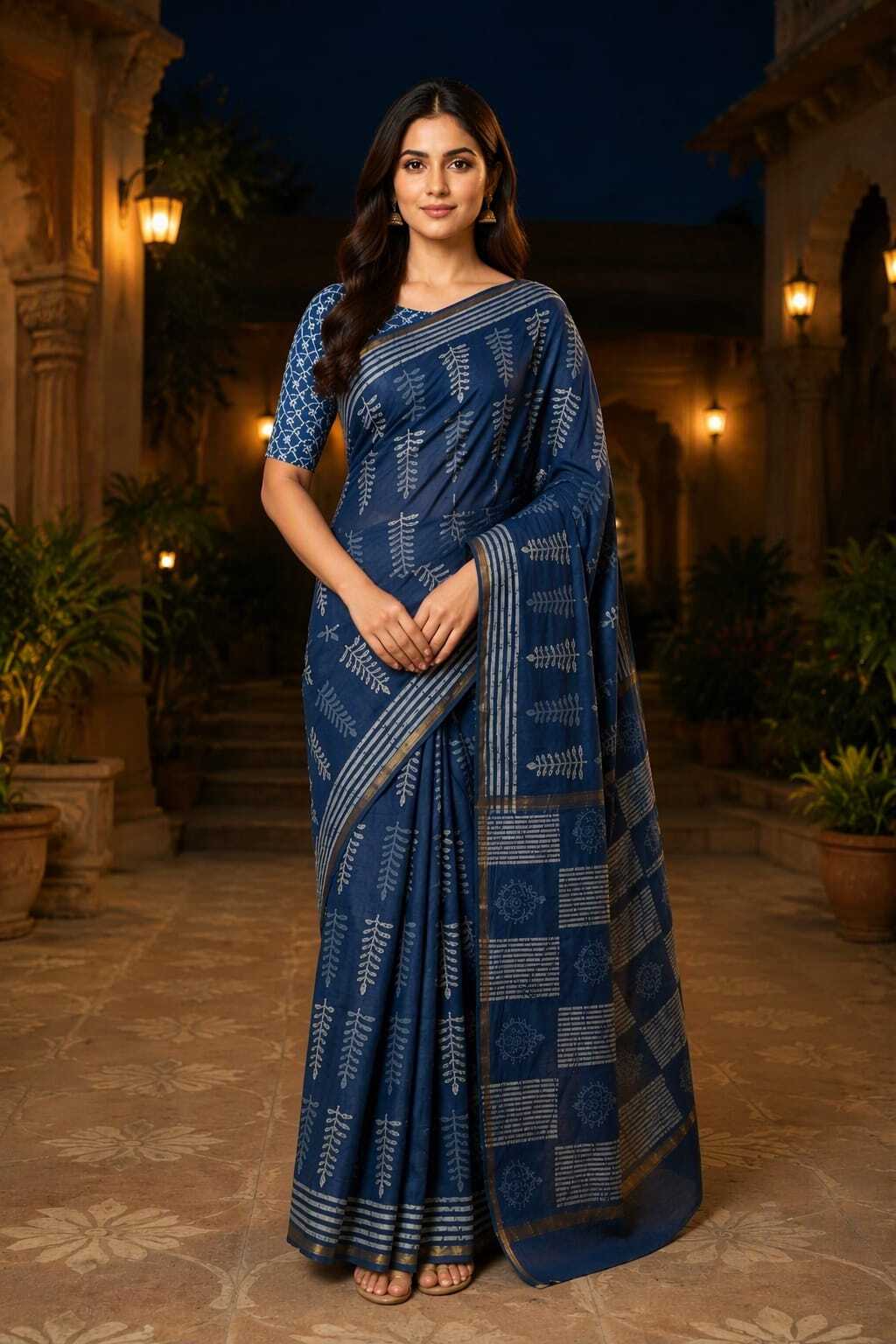 INDIGO BLUE BAGRU PRINTED ZARI BORDER COTTON SAREE